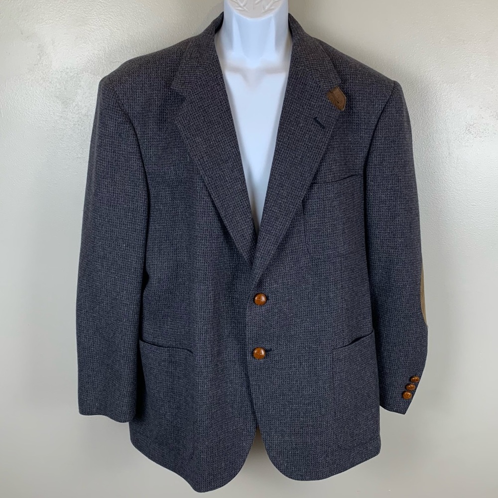 Stafford Jacket Blazer Mens‎ 44R Gray Brown Check Lambswool Tweed Elbow Patches